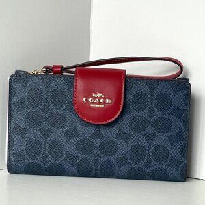 Coach CW780 Phone Tech ID Wallet Wristlet Blue Red Signature Canvas Clutch Bag